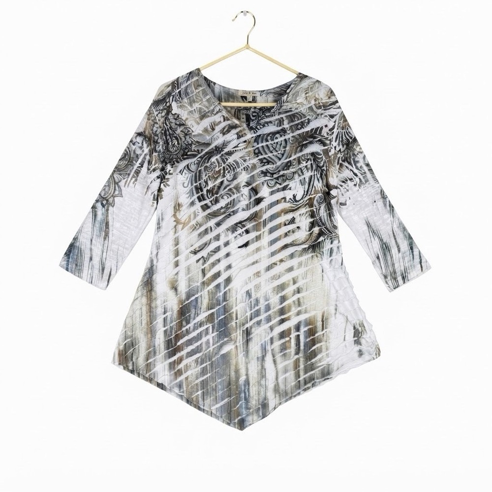 Jess & Jane Size-XL Womens Top Asymmetrical Boho 3/4 Sleeve Cuts